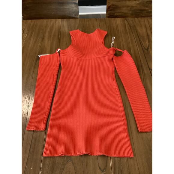 Herve By Herve Leger Orange Ribbed Knit Long Sleeve Cold Shoulder Mini Dress M - Picture 9 of 9
